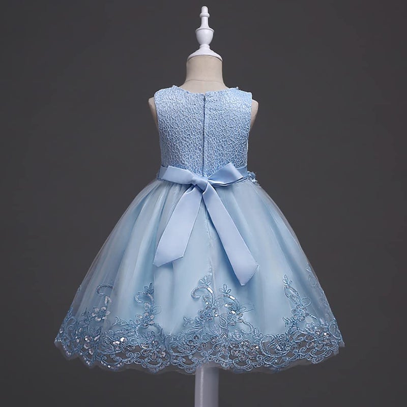 DreamHigh Flower Girl's Floral-Embroidered Pearl Embellished Evening Dress Up Sky Blue - 4Y - Image 4